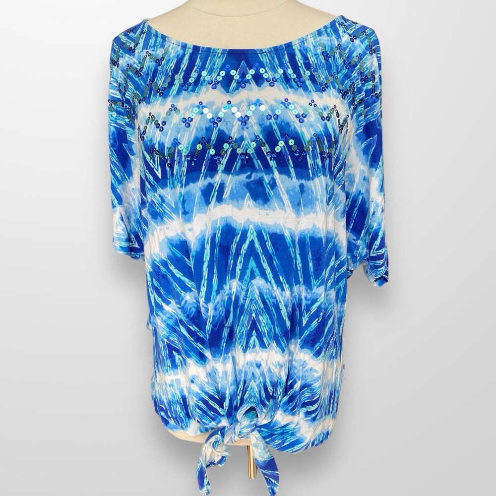 Ruby Rd. Woman Size 1X Top Shirt‎ Blue Sequin Short Sleeve Tie Waist Casual